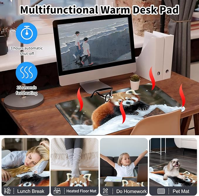 Heated Desk Pad Mouse Pad,Heated Desk Mat,with 3 Heating Levels & 3 Hours Auto Shut-Off,Leather 23.6"*14.2" Gaming Mouse Laptop Mat,Foot Warmer,Cute Raccoon Snow