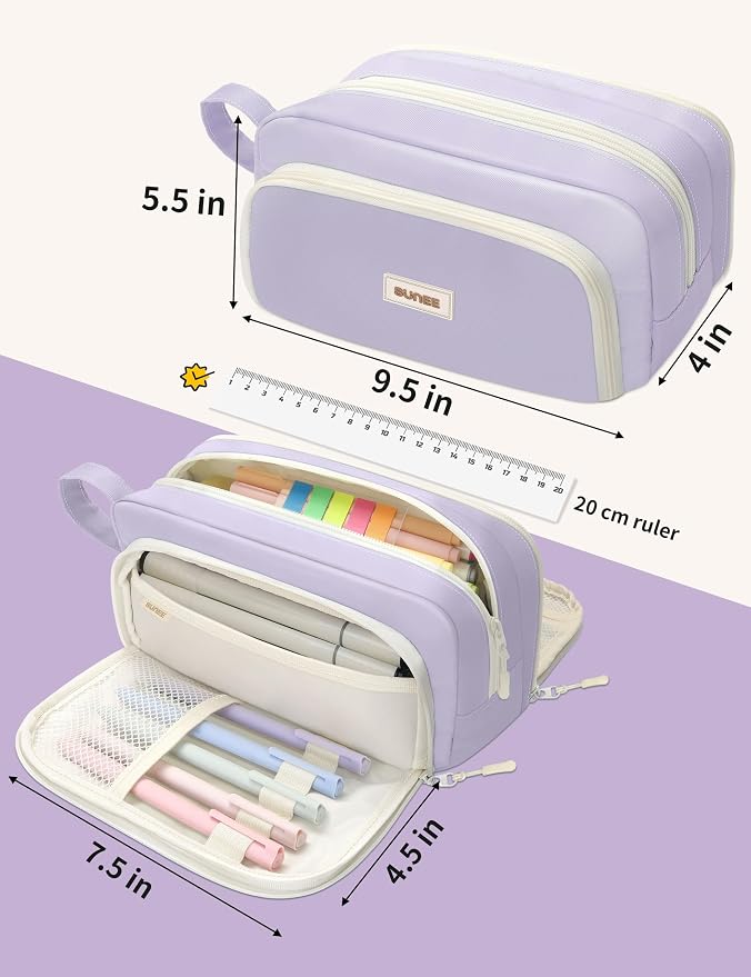 SUNEE Large Pencil Case, Big Capacity Pen Pouch with 3 Compartments, Kawaii Pencil Bag with Zipper, High Storage Stationery Holder and Organizer, School Supplies for Teen and Adult Girls, Light Purple