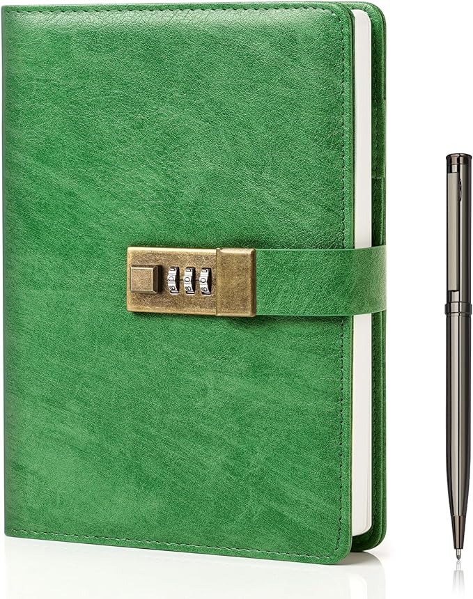 WEMATE Diary with Lock, A5 PU Leather Journal with Lock 240 Pages Green | Vintage Lock Journal Password Notebook with Pen & Gift Box, Lock Diary Planner Organizer for Men and Women, 8.6x5.8in