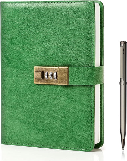 WEMATE Diary with Lock, A5 PU Leather Journal with Lock 240 Pages Green | Vintage Lock Journal Password Notebook with Pen & Gift Box, Lock Diary Planner Organizer for Men and Women, 8.6x5.8in