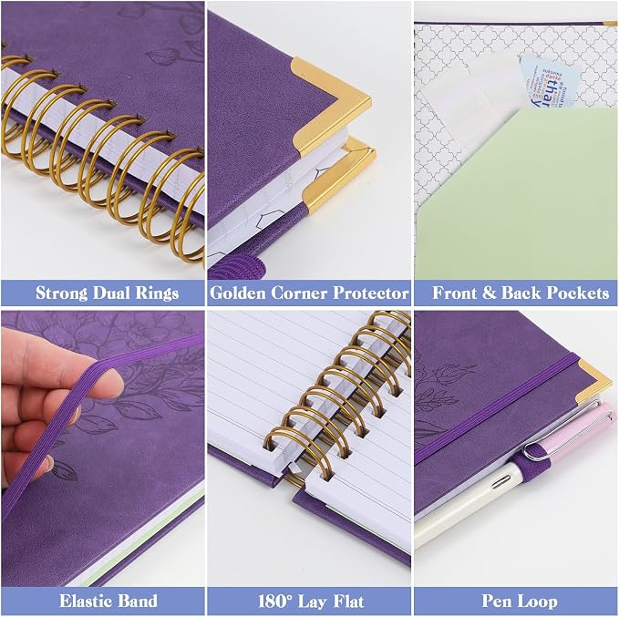 A5 Journaling Notebooks, Hardcover Spiral Notebook, Leather Journal Notebook for Women Girls, College Ruled Notebook with Numbered Page, Pocket & Tab, Small Organizer Notebook for Work School, Pink
