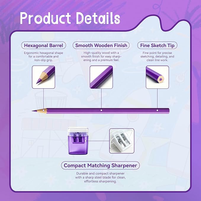 36 Piece Purple Colored Pencils Set with Sharpener, Pre-Sharpened Professional Wooden Art Pencils for Artists Drawing and Sketching, Premium Colored Tone Supplies Delivering Detailed Painting(Purple)