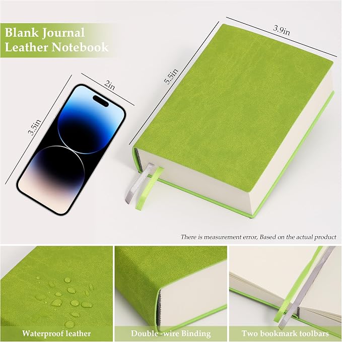 Blank Journal Notebook 720 Pages A6 Unlined Plain Sketchbook No Lines Soft Leather Pocket Blank Notebook for Women Drawing Book Memo Writing Sketch Pad Diary Notebook 3.9 × 5.5 (Green Blank Notebook)