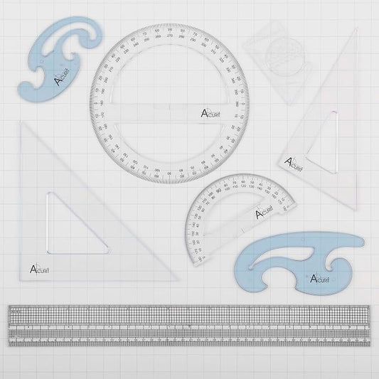 Acurit Drafting Introduction Set of 8 - Professional Drafting Tools for Architects & Artists: Includes Triangles, Grid-Scale Ruler, Lettering Guide, Protractors & French Curves - Drafting Kit