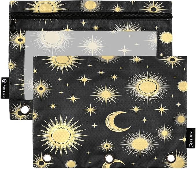 Gredecor 3 Ring Binder Pencil Pouch, Golden Moons Stars Zippered Pen Case Pouches with Clear Window, 2 Pack Stylish Office & School Supplie