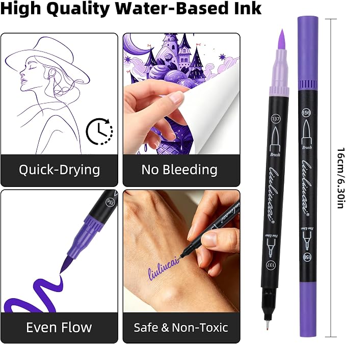 LIULIUCAI 10 Purple Dual Marker, Fine & Brush Tip Pen for Adult Coloring | Violet Marker Pen, Royal Purple Markers for Galaxies, Lavender, Fantasy Art, Outlining Illustration, Mystical Designs