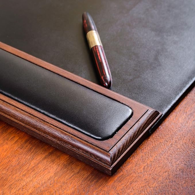 Dacasso 25.5” x 17.25” Walnut & Black Leather Desk Pad w/Side Rails - Luxury Desk Blotter for Writing - Padded Executive Desk Surface Protector