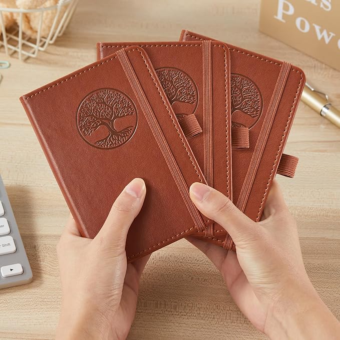3 Pack Pocket Journal Notebooks, A6 Small Mini Notepad with Pens, 3.7" x 5.7" Leather Hardcover Note Book for Women/Men Work, 400 Pages 100GSM Lined Paper, Brown