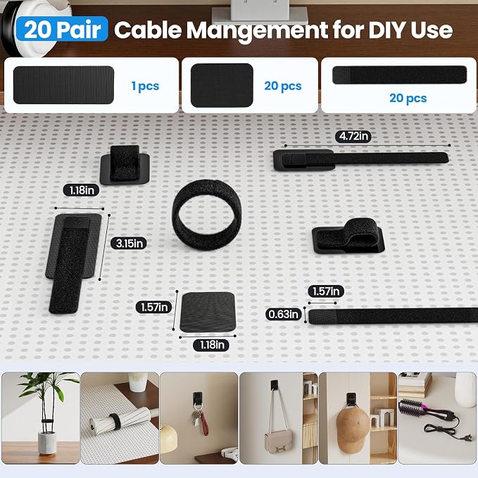 Cable Management Under Desk, Enhanced up to 15 Cord Organizer 20 Pair-Black | Reusable, No Residue Left, Adjustable Hook and Loop Cable Ties, Wire Hider Under Table, Home Office Essentials