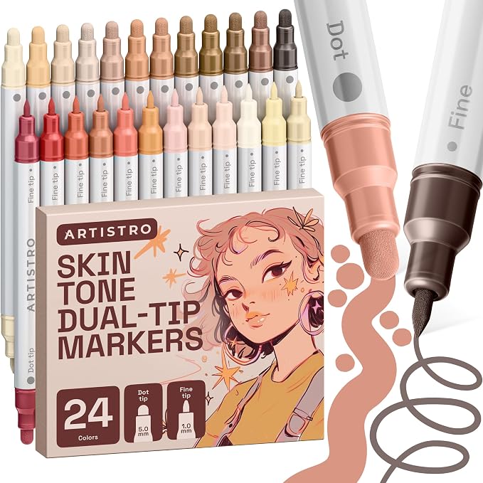 ARTISTRO 24 Skin Tones Dual-Tip Acrylic Paint Markers – Paint Pens Set with Dot & Fine Tips for Fabric, Rock, Glass, Wood, Coloring Books – Arts & Crafts Gift – Classroom Must Haves & School Supplies