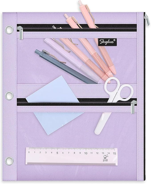SKYDUE Pencil Pouch for 3 Ring Binder, 3 Compartment Zipper Pencil Case, Large Capacity Pen Organizer with Clear PVC Window for School Supplies, Students, Kids & Teachers