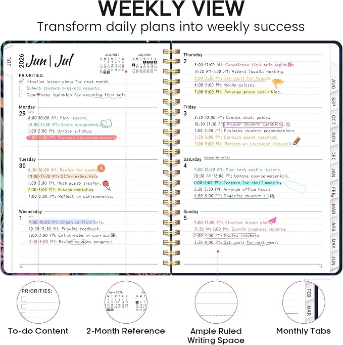 Academic Planner 2026-2027, Weekly and Monthly Calendar Book, July 2026 – June 2027, Hardcover Planner with Tabs, Perfect for Teachers, Students, Women & Men, A5 (6.4" x 8.5") - Jellyfish