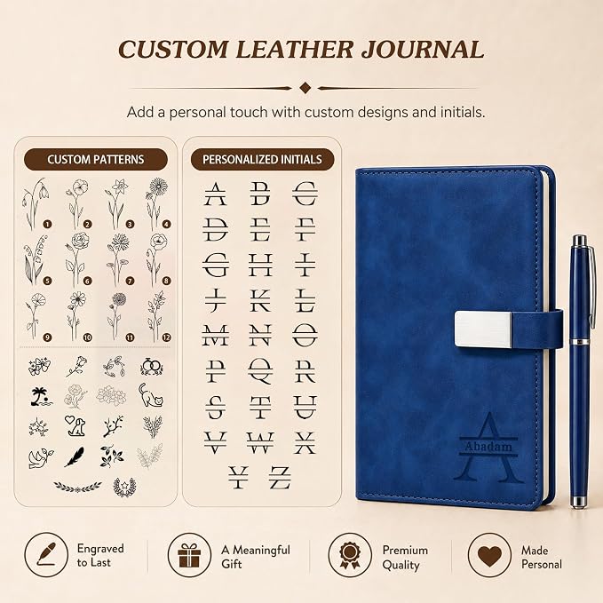 CRME Personalized Leather Journal with Pen and Gift Box,Engraved A5 Hardcover Notebook with Custom Name,Personalized Notebook and Pen Set for Office Work Travel,5.8"x 8.3",Blue