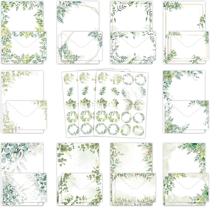 160 Pcs Stationery Paper Envelopes Set Includes 50 Writing Paper & 50 Envelopes with 60 Colorful Round Dot Stickers, Cute Vintage Tree Leaf Letter Writing Stationery Paper Envelopes(10Style)