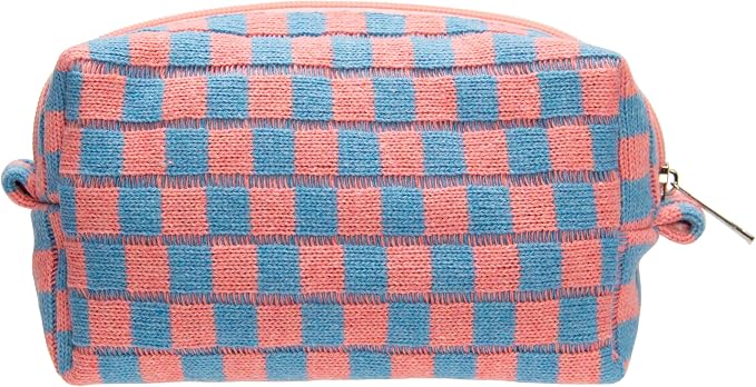 Checkered Makeup Bag for Purse, Small Travel Cosmetic Pouch,Red Blue | Cute Zipper Makeup Organizer for Women, Travel Essentials, Toiletries, Makeup Brushes, Beauty Accessories&Bridesmaid Gifts