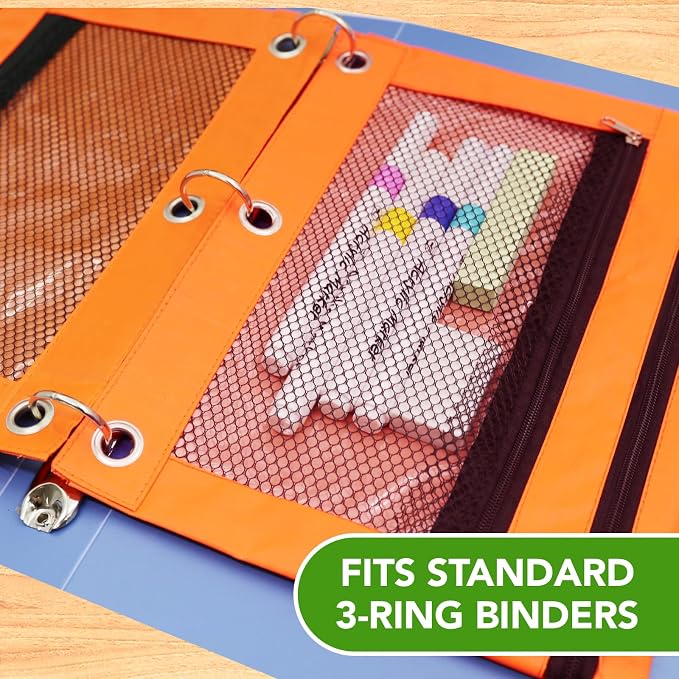 Pencil Pouch for 3 Ring Binder, Heavy Duty Canvas Dual Zipper Pen Bag with Clear Window, Smooth Metal Zipper, Fit Standard 3-Ring Binders for School Office Travel Supplies (Orange)