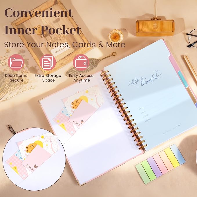 Yoment Hardcover Spiral Notebooks for Work School, B5 Journal Notebook with Tabs Dividers, Multi 5 Subject Notebook College Ruled, 240 Pages Lined Journal for Women, Pink