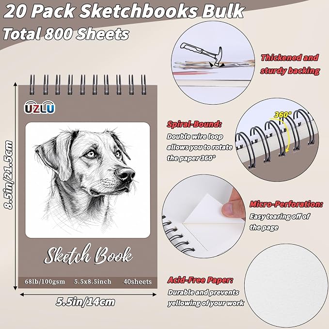 20 Pcs Sketch Books Bulk 5.5 x 8.5 In 800 Sheets Top Spiral Bound Sketch Pad Drawing Paper 40 Sheets Each Acid Free Mixed Media Sketchbook 68lb/100gsm Art Supplies for Beginner Artist
