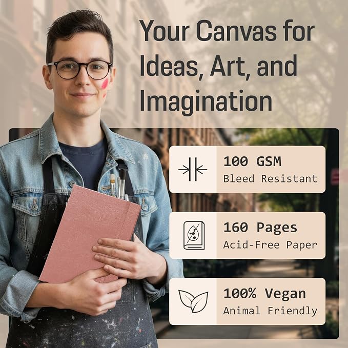 BROWNSTONE JOURNALS A5 Sketch Book Hardcover - 80 Sheets 100 GSM Paper 5"x8", Lay Flat, Vegan Leather Cover, Elastic Band, Back Pocket, Art Drawing Book (Rose Wood)