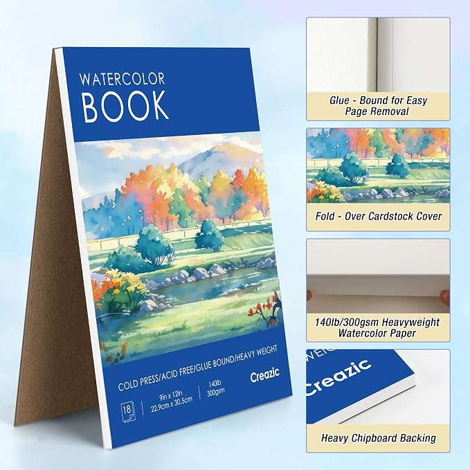 Creazic Watercolor Paper Pad 9"x12" 140lb/300gsm | Acid-Free Cold-Pressed Heavyweight Water Color Paper, Artist Sketchbook for Adults, Kids & Beginners, Ideal for Watercolors, Mixed Media & Crafts