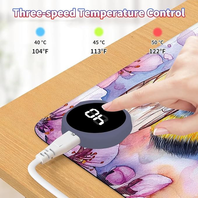 Heated Desk Pad Large Mouse Pad 23.6 x 14.1 inch with 3 Levels Heating & Auto Shut-Off Warm Mouse pad PU Leather Computer Mousepad for Home Office Work - Cherry Blossom and Bee