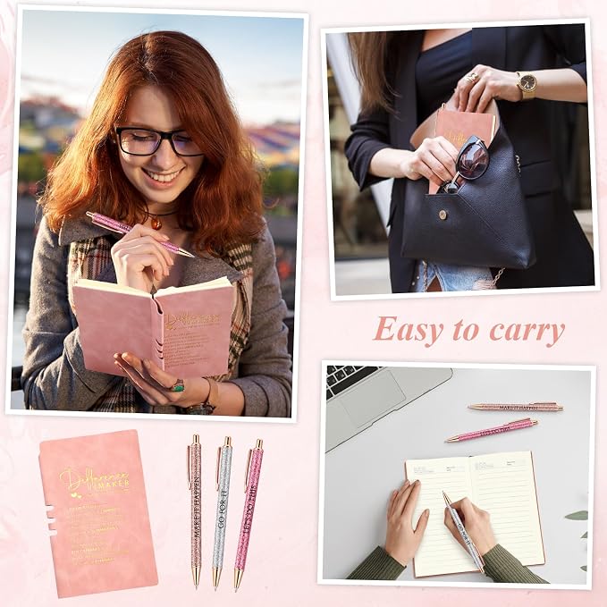 Thenshop 5 Pcs Difference Maker Gifts Journal with Pen Leather Notebook 3 Ballpoint Pens Box Thank You Gift for Nurse Boss Employee Coworker Teacher Volunteer Social Worker Assistant(Pink)
