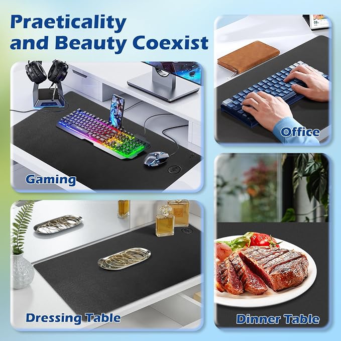 Wireless Charging Desk Mat, Mouse Pad,Black-R, 36 * 17 inch | Desk Pad for Desktop Charging, Large Mouse Pad, Waterproof Leather Computer Mat, Non-Slip Protector, For Keyboard and Mouse