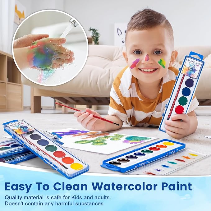 36 Pack Watercolor Paint Set Bulk,8 Colors Washable WaterColor Paint for Kids, Water Color Paint with Brushes, Ideal Valentine Party Favors, Art Supplies for School Classroom Home