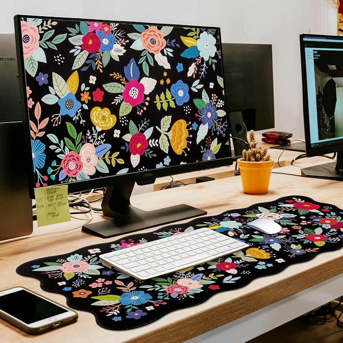 L-SPOUTTO Floral Mouse Pad,Botanical Desk Mat XXL Large Scalloped Gaming Mousepad,35.4x15.7in Non-Slip Rubber Base Keyboard Pad Waterproof Desktop Mat for Laptop Computer Game Home Office-Flowers
