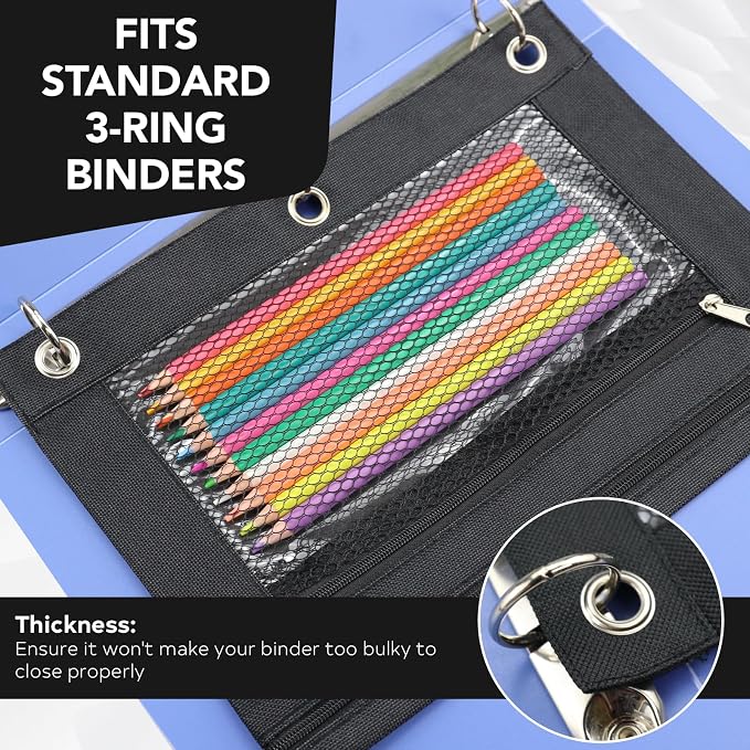 3 Ring Pencil Pouch for Binder, 2-Pocket Zipper Pencil Case with Clear Window & Mesh Pocket, 600D Oxford Fabric Binder Pouch for School Office Supplies, Fits Standard 3-Ring Binders, Black