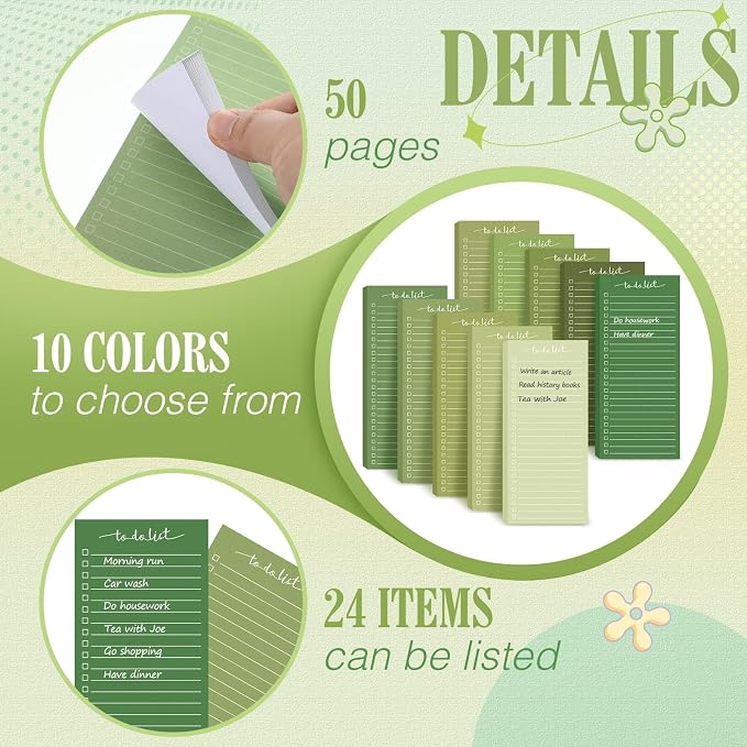 Censen 10 Pack 500 Sheets to Do List Notes Daily Checklist Notepad with 50 Sheets Undated Memo Pad Color Block Shopping List Weekly Plan Notepad Organizer Planners(Gradient Green,Lined)
