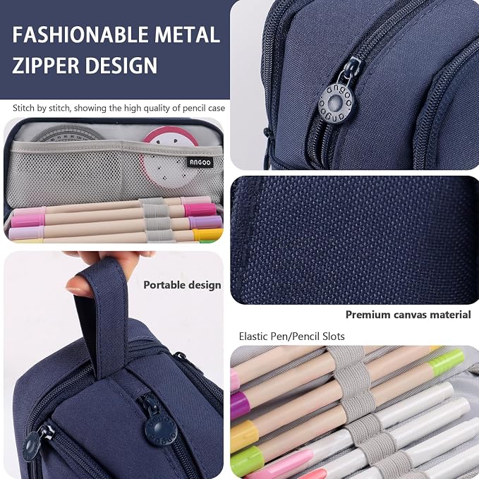 MAMUNU Large Capacity Pencil Case 4 Compartments, Pencil Pouch Bag with Zipper Portable Handle, Pen Case Bag Stationery Organizer for Office College School Adults Teen Girls Boys Men Women, Dark Blue