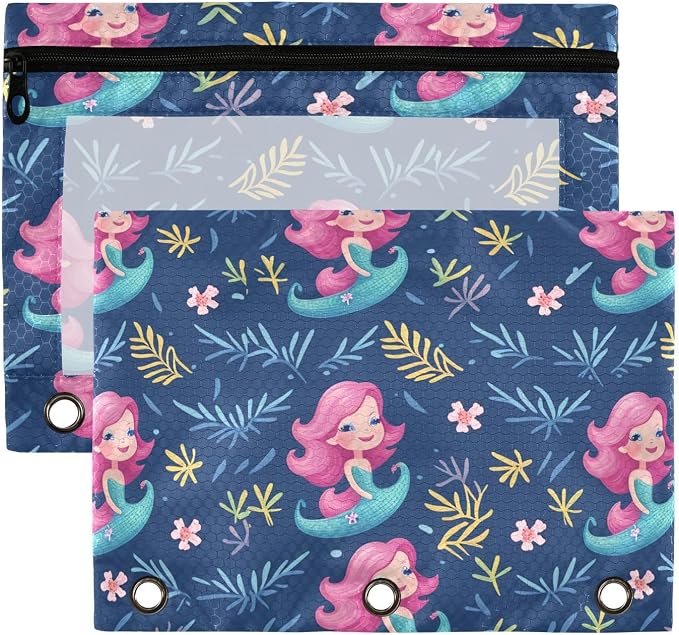 Beautiful Mermaid Pencil Pouch Fits standard 3-ring binders, Zipper Binder Pencil Bag with Clear Window for Class Office 2 Pack