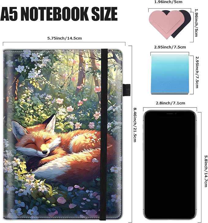 Hardcover Executive Notebooks, A5 PU Leather Lined Journal Notebook, 200 Pages Thick Paper Subject Notebooks for School,Work,Home Writing Business Notebook, Diary Book ，Cute Fox and Flowers