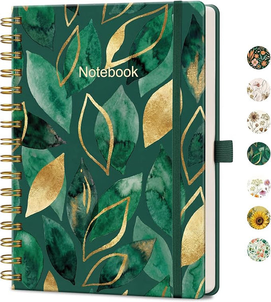 AHGXG Spiral Journal Notebook, 160 Lined Pages, A5 Medium Size (5.7'' x 8.3''), for Men & Women, Journaling, Writing, Work & Office, Hardcover, 100 GSM Thick Paper (Golden Emerald Leaves)