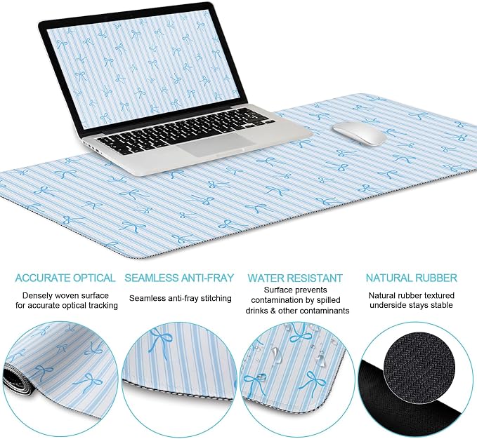 LIMKRIAN Blue Striped Mouse Pad Set Large Desk Mat for Keyboard and Mouse | Ergonomic Office Mousepad with Wrist Rest, Keyboard Mat Wrist Support, Cup Coaster, Cute Office Desk Accessories for Women