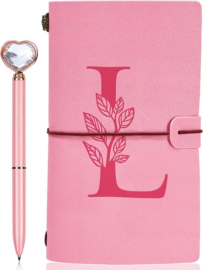 Personalized Journal Gift-Pink Initial Leather Journal+Heart Diamond Pen Set,Travel Notebook Diary Gifts,Refillable Notepads,Christmas,Birthday Gifts for Women Girls (7.9"x4.7") (L)
