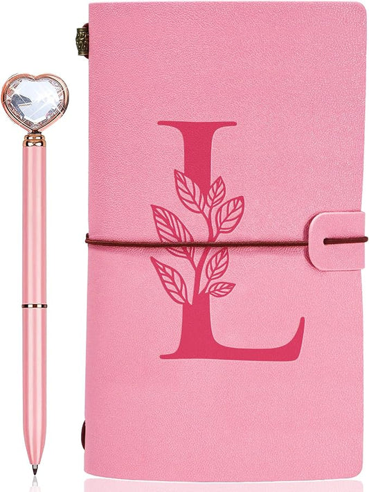 Personalized Journal Gift-Pink Initial Leather Journal+Heart Diamond Pen Set,Travel Notebook Diary Gifts,Refillable Notepads,Christmas,Birthday Gifts for Women Girls (7.9"x4.7") (L)