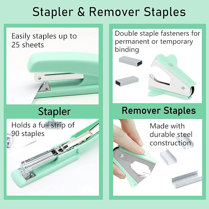 Green Office Supplies, Purple Desk Accessories, Stapler, Staple Remover, Tape Holder, Pen Holder, Ballpoint Pen, Scissor, Binder Clips, Paper Clips and 1000pcs Staples.