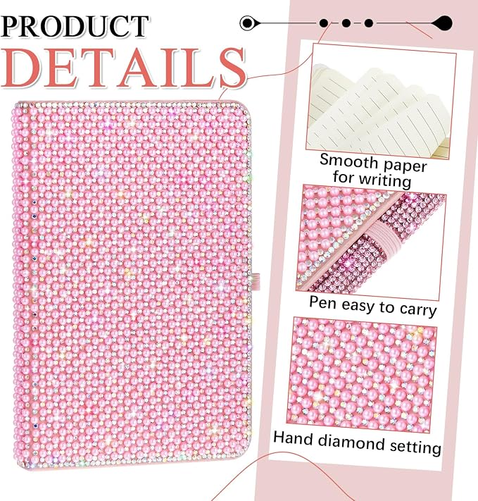 Resholder Rhinestone Pen & Glitter Notebook Set, Hard Cover Bling Diary Journal for Girls, Cute School Supplies for Back to School, Sparkly Desk Accessories Gift for Women(Pearl,A5,Pink)