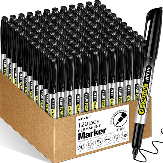 SFAIH 120 Black Permanent Markers Bulk -1s Quick Drying, Fine Point Markers for Write Mark, School, Office, Warehouse, Business, Logistics, Durable, Waterproof Ink on Paper, Plastic, Metal, Cardboard