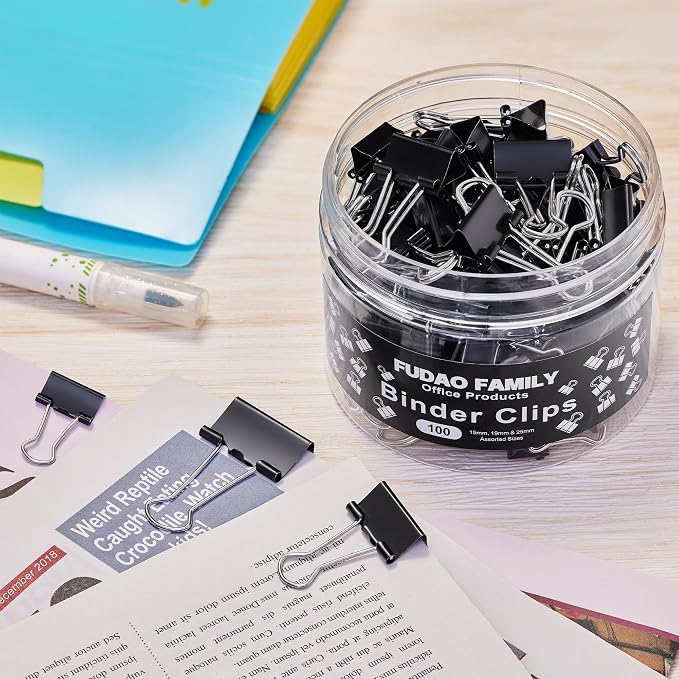 100pcs Binder Clips Assorted Sizes, Black Paper Clamps, Medium, Small, Mini 3 Sizes with Box for Office, School and Home