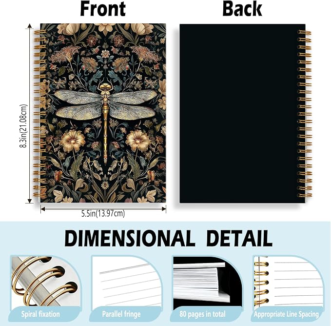 Moody Dark Floral Dragonfly Journal Notebook 5.5x8.3, William Morris Inspired Insect Journal, Dragonfly Gifts for Women, Art Nouveau Botanical Notebooks for Work