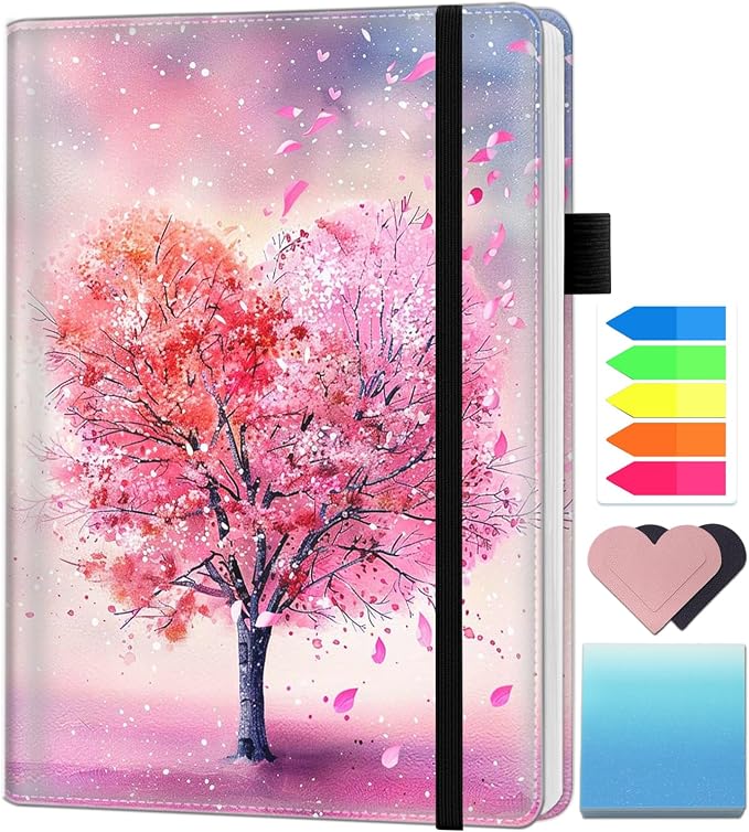 A5 Leather Lined Journal Notebook, 200 Pages Hardcover Executive Notebook for Office Note Taking, Thick Writing Paper Daily Journal with Bookmarks/Indexes, Heart Shaped Tree