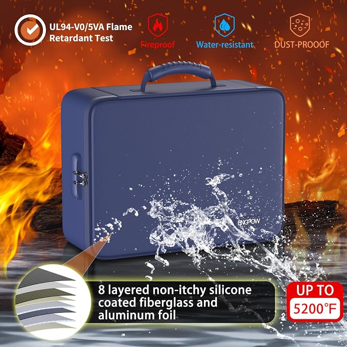 ENGPOW Fireproof Document Organizer Bag with Lock ＆ Accordion File Folder | 5200℉ Multi-Layer File Organizer Box with Lock ,Heat Insulated, Water Resistant, Safe Storage for Home Office Travel, Blue
