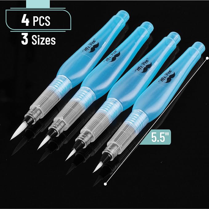 Mr. Pen- Watercolor Brush Pens, 4 pcs, 4 x Point Tips, Blue Set, Large | Nylon Bristles, Refillable Watercolor Pens for Acrylic, Gouache, Crayons, Ideal for Artists, Drawing, Sketching