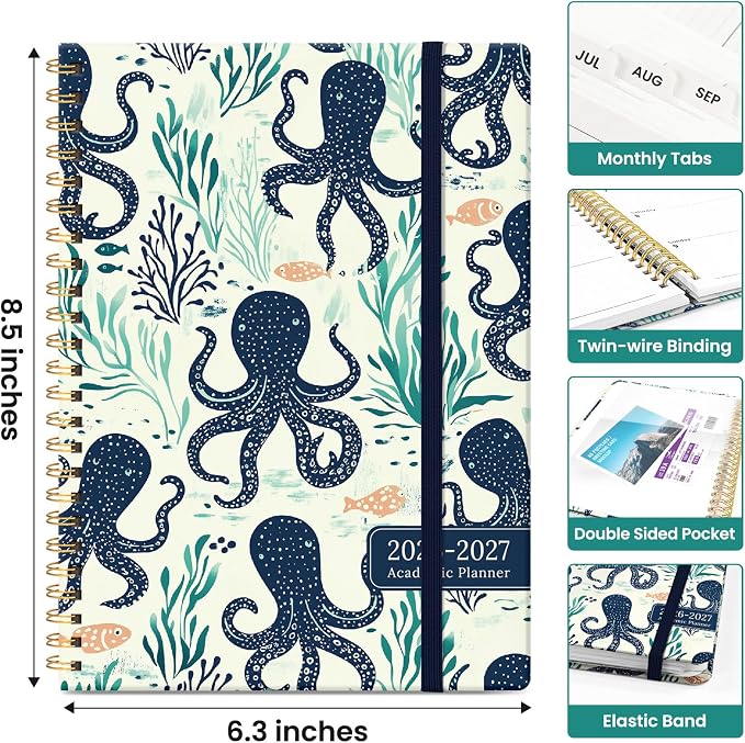 Planner 2026-2027, Academic Year Monthly and Weekly Calendar Planner, Jul 2026 - Jun 2027, Hardcover Teacher Student Planning Agenda book with Tabs, Perfect for School Office Supplies, 6.3" x 8.5" - Octopus Drift