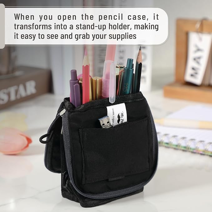 Mr. Pen- Standing Pencil Case Pouch, Sit & Lay Mesh-View Design | Black with Gray Zipper, Interior Pocket & 2 Elastic Binder Loops, Cute Pencil Case for Girls and Boys