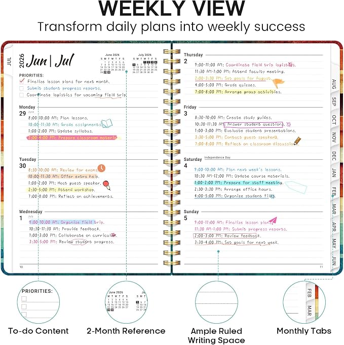 Academic Planner 2026-2027, Weekly and Monthly Calendar Book, July 2026 – June 2027, Hardcover Planner with Tabs, Perfect for Teachers, Students, Women & Men, A4 (8.5" x 11") - Wood