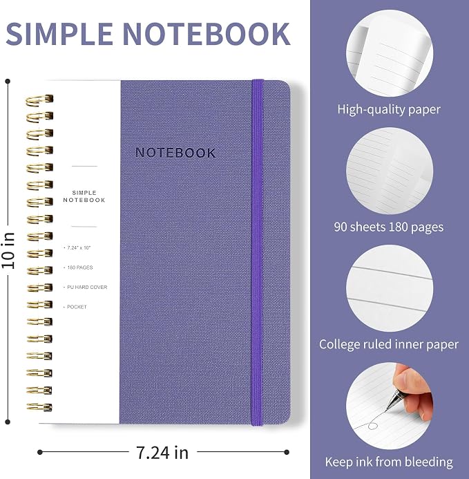 Spiral Notebook - 7.24" x 10" College Ruled Journal with Inner Pockets and 180 Pages, PU Leather Cover Business Journal, Twin-Wire Binding Notebook Perfect for Office & Home School Supplies Violet